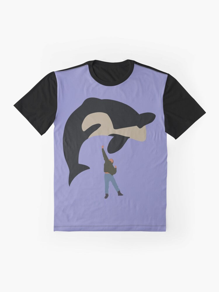 A minimalist, flat art graphic t-shirt featuring the iconic Free Willy whale on a white background. - Flat lay