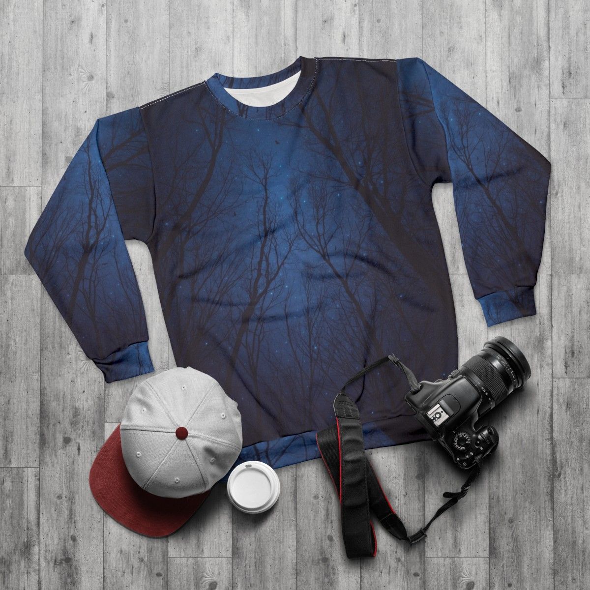 Starry night galaxy sweatshirt with quote "I Have Loved The Stars Too Fondly" - flat lay