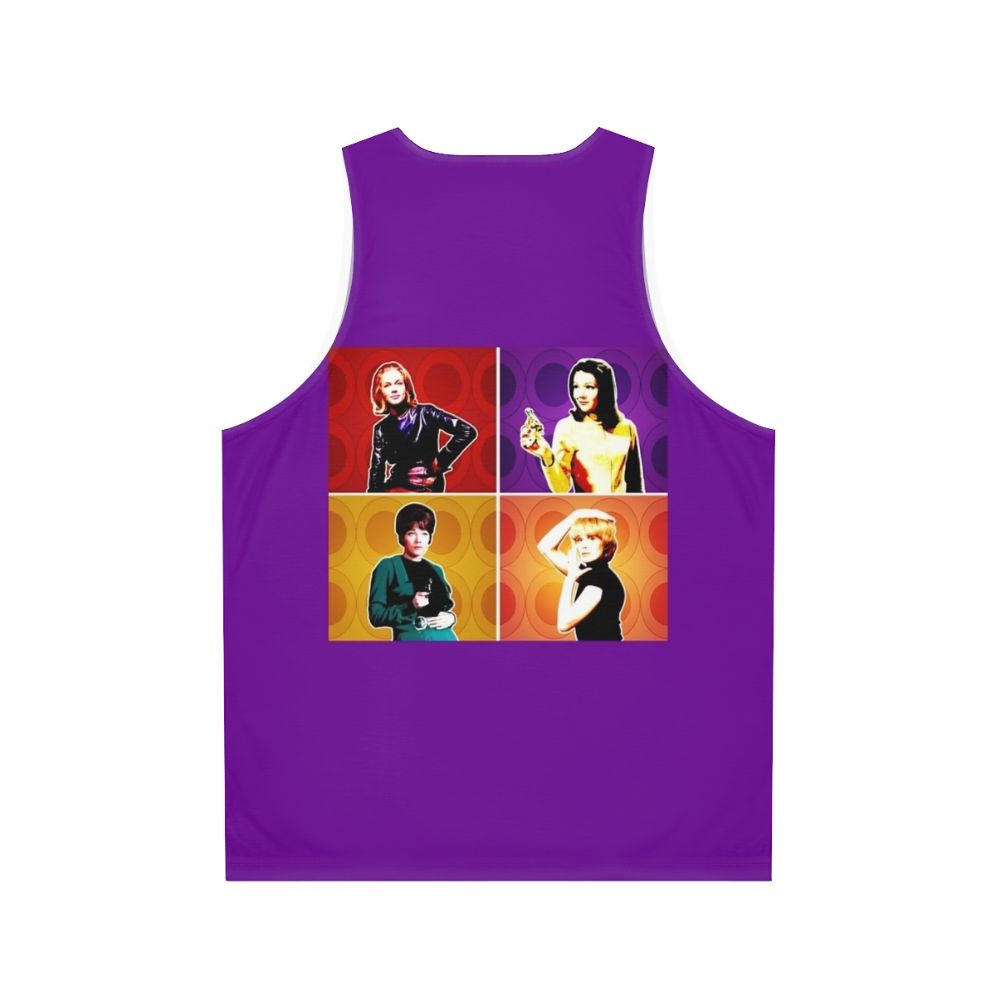 Unisex tank top featuring pop art designs of classic TV heroines - Back