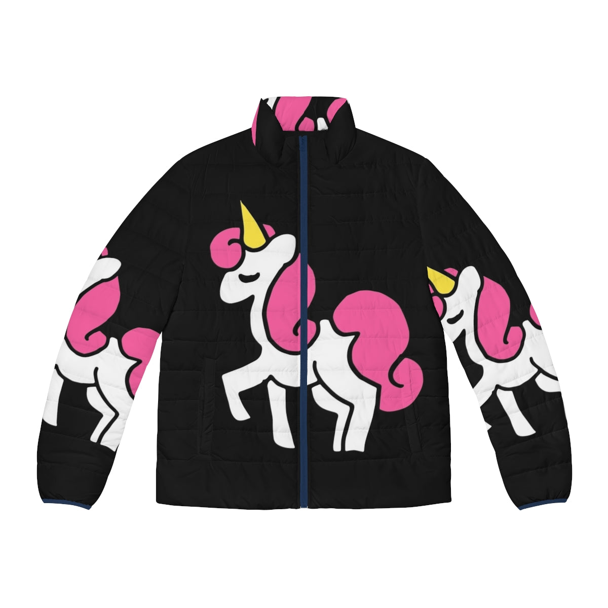 A close-up image of a cute pink unicorn puffer jacket with a whimsical design.