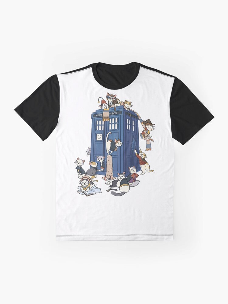 A graphic t-shirt featuring a cartoon cat dressed as the iconic Doctor from the sci-fi TV series Doctor Who. - Flat lay