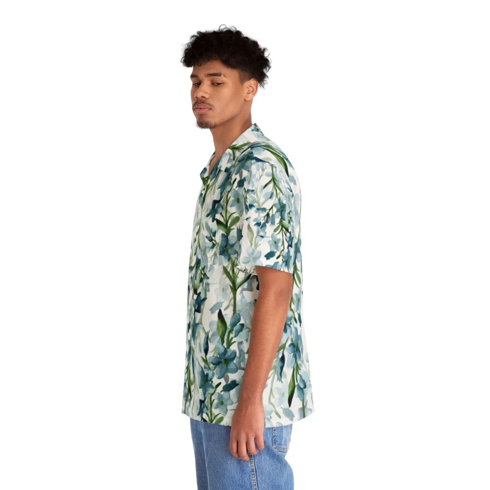 Blue Branches Hawaiian Shirt with Tropical Floral Watercolor Pattern - People Left