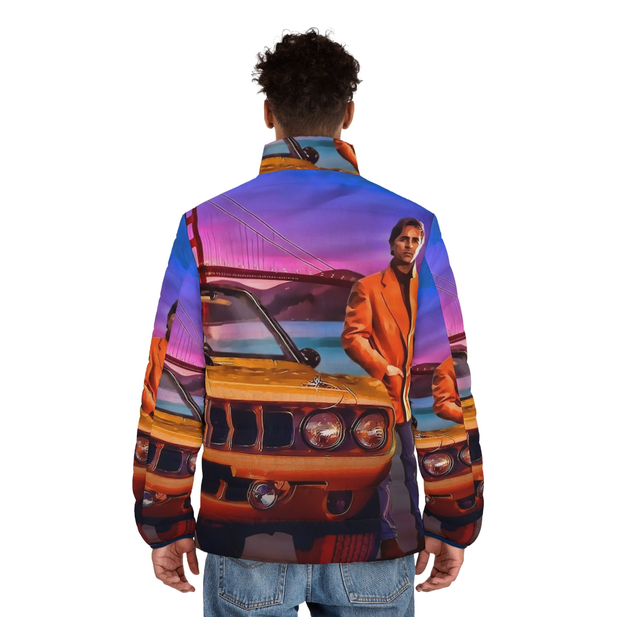 Nash Bridges Puffer Jacket with Don Johnson, Golden Gate Bridge, and Muscle Car - men back