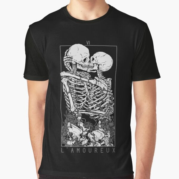 The Lovers Graphic T-Shirt featuring a couple kissing with tarot and gothic elements