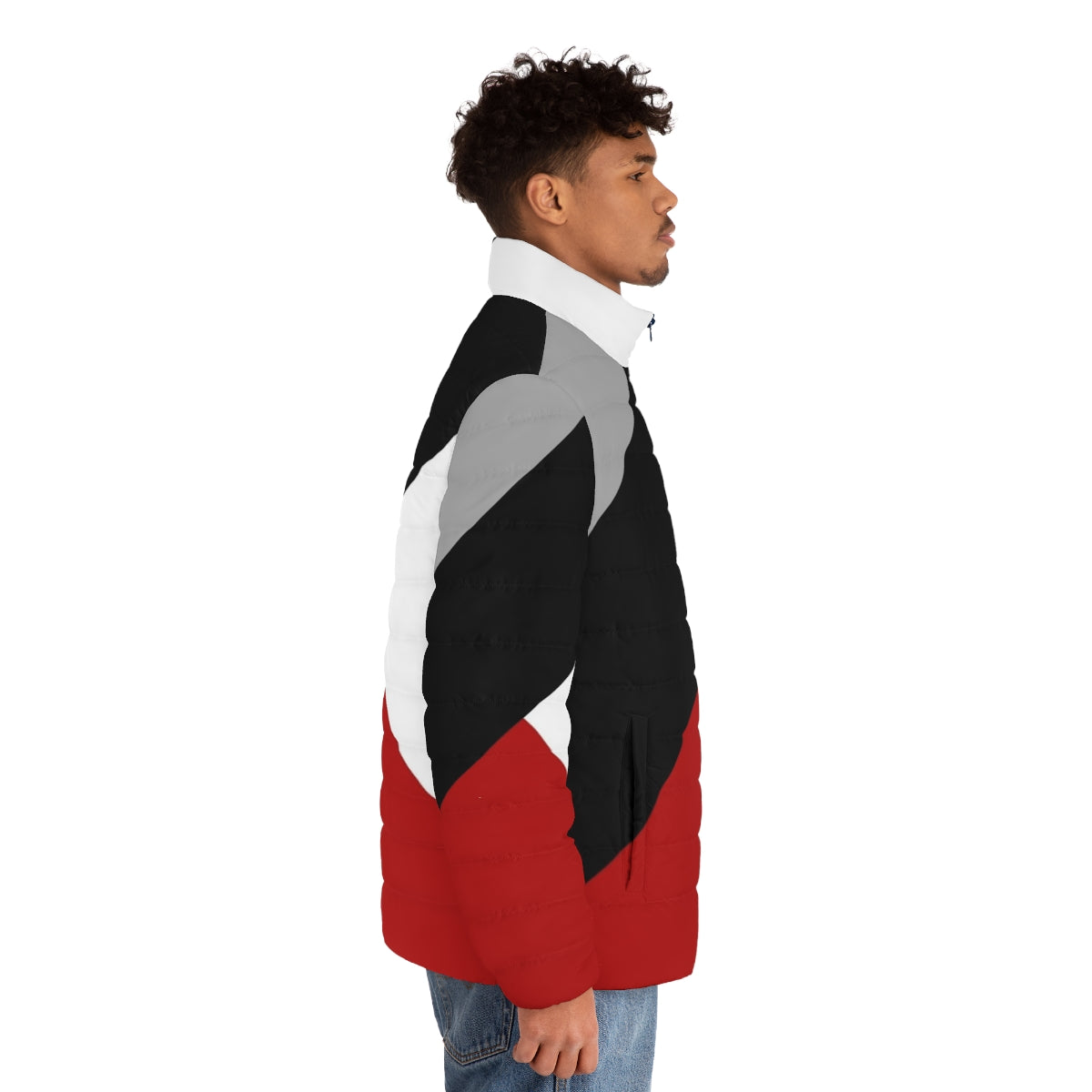 Geometric black puffer jacket with diagonal stripes and triangles - men side right