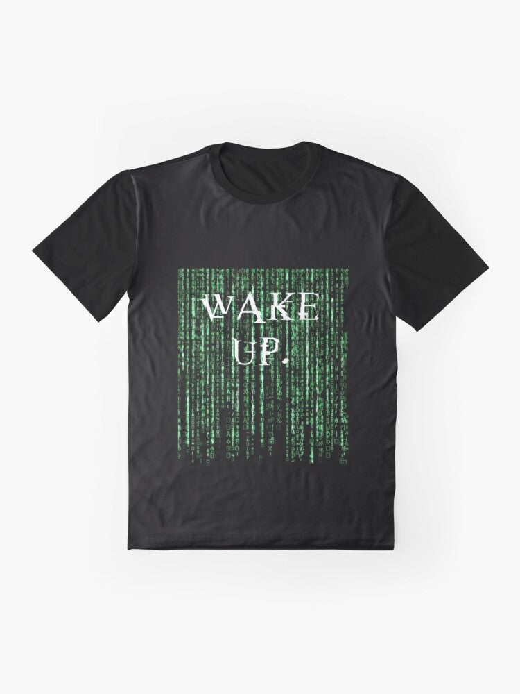 Matrix-inspired graphic t-shirt featuring the quote "Wake up, Neo" and iconic imagery from the sci-fi film. - Flat lay