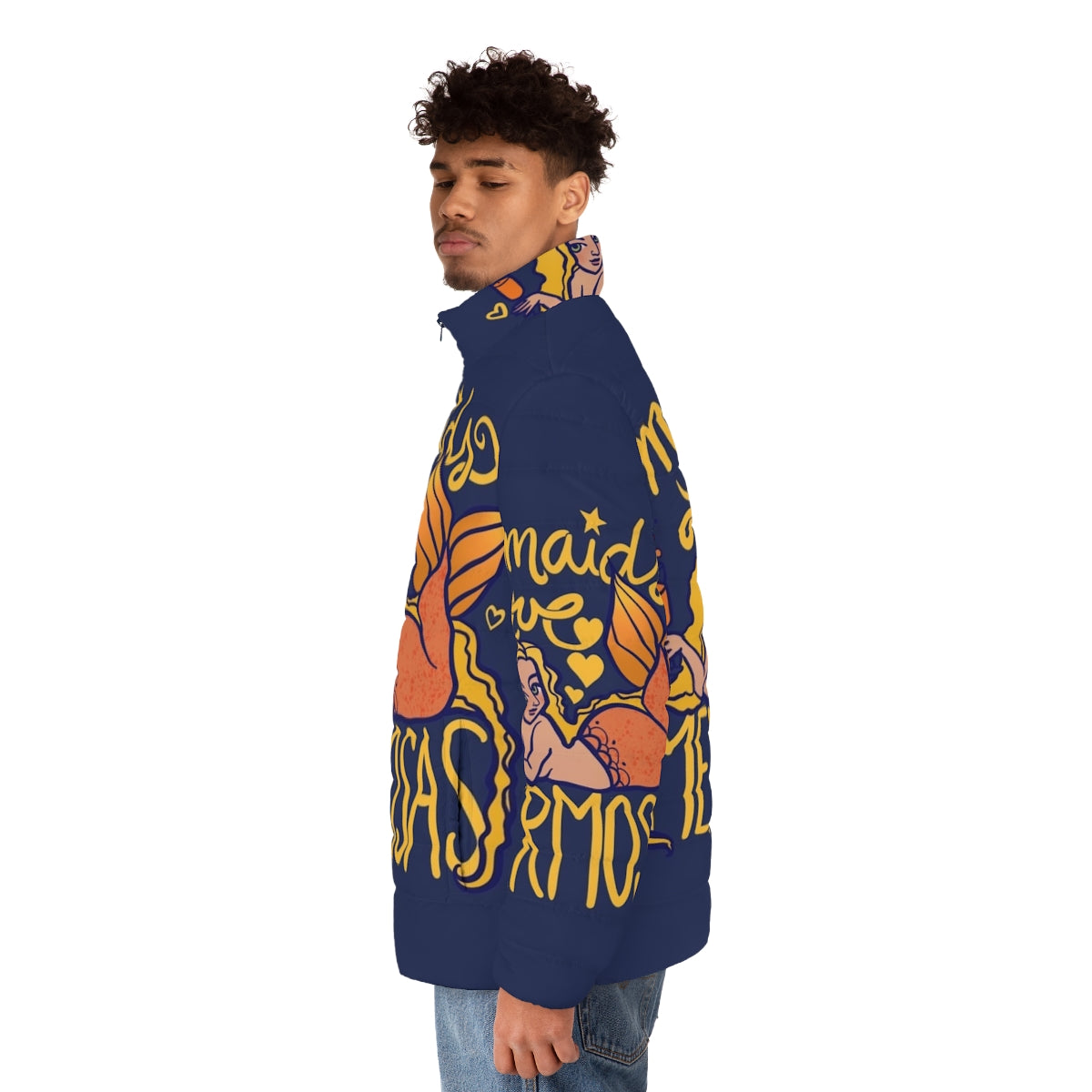 Mermaids Love Mermosas Puffer Jacket with a print of mermaids and mimosas - men side left