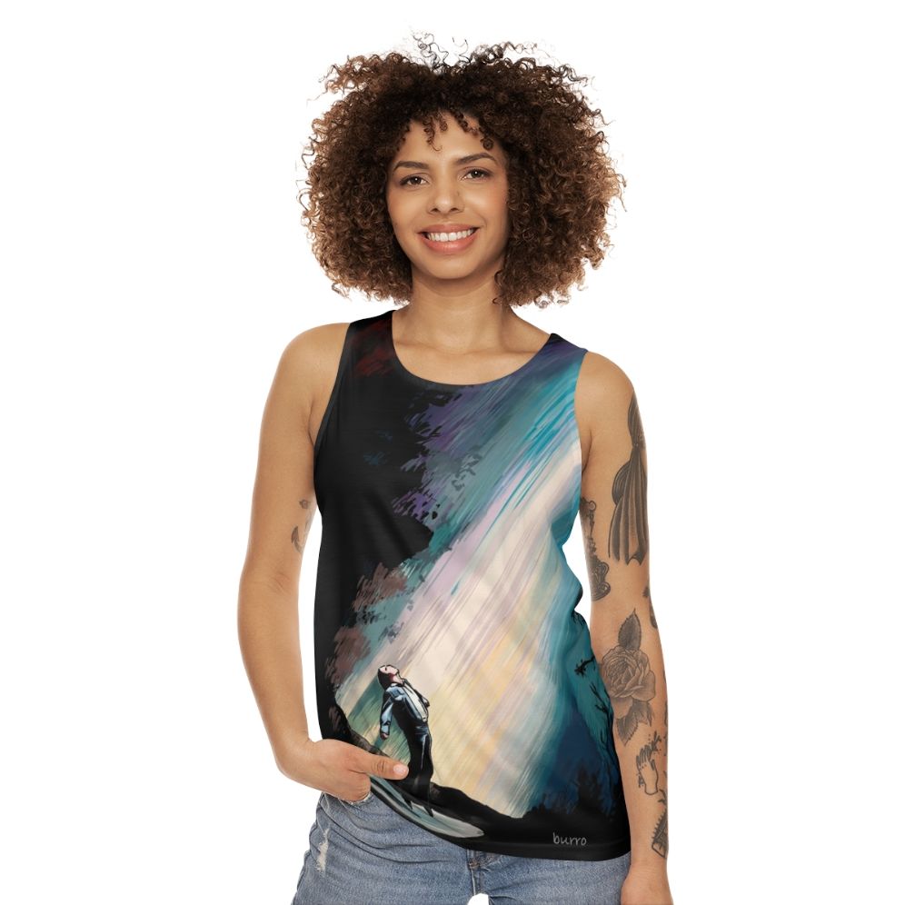 Vibrant sci-fi illustration of a fire in the sky with UFOs on a unisex tank top - women