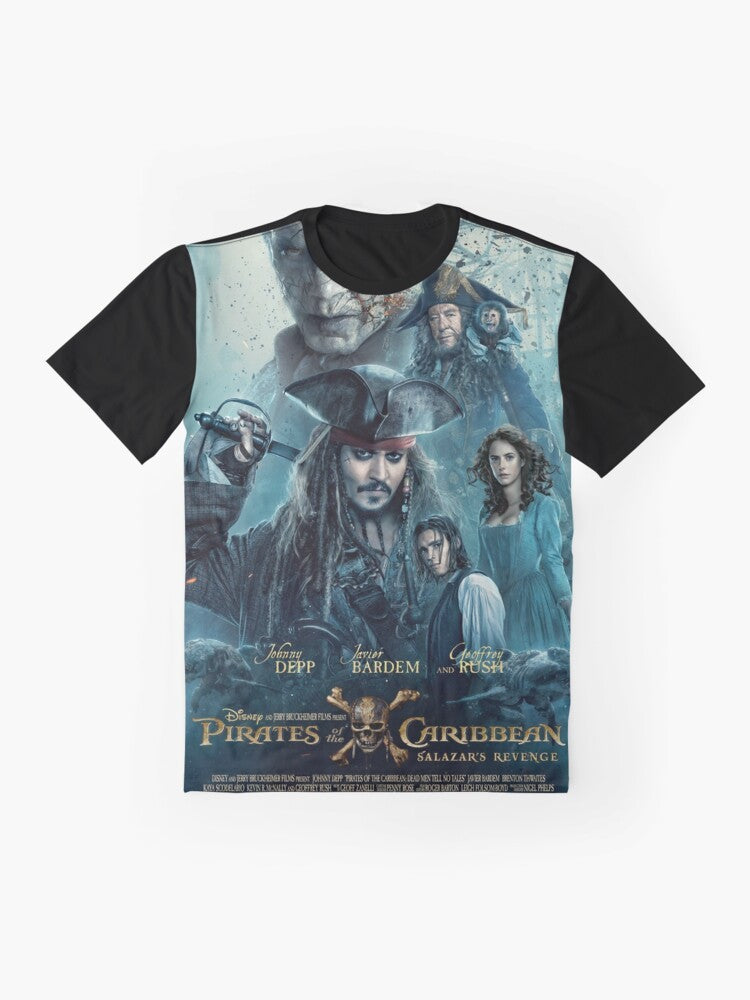 A graphic t-shirt featuring the movie "Pirates of the Caribbean: Dead Men Tell No Tales" with characters like Jack Sparrow, Davy Jones, and Will Turner. - Flat lay