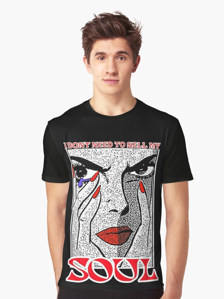 "I Don't Need to Sell My Soul" graphic t-shirt featuring a woman with red lips and a tear drop - Men