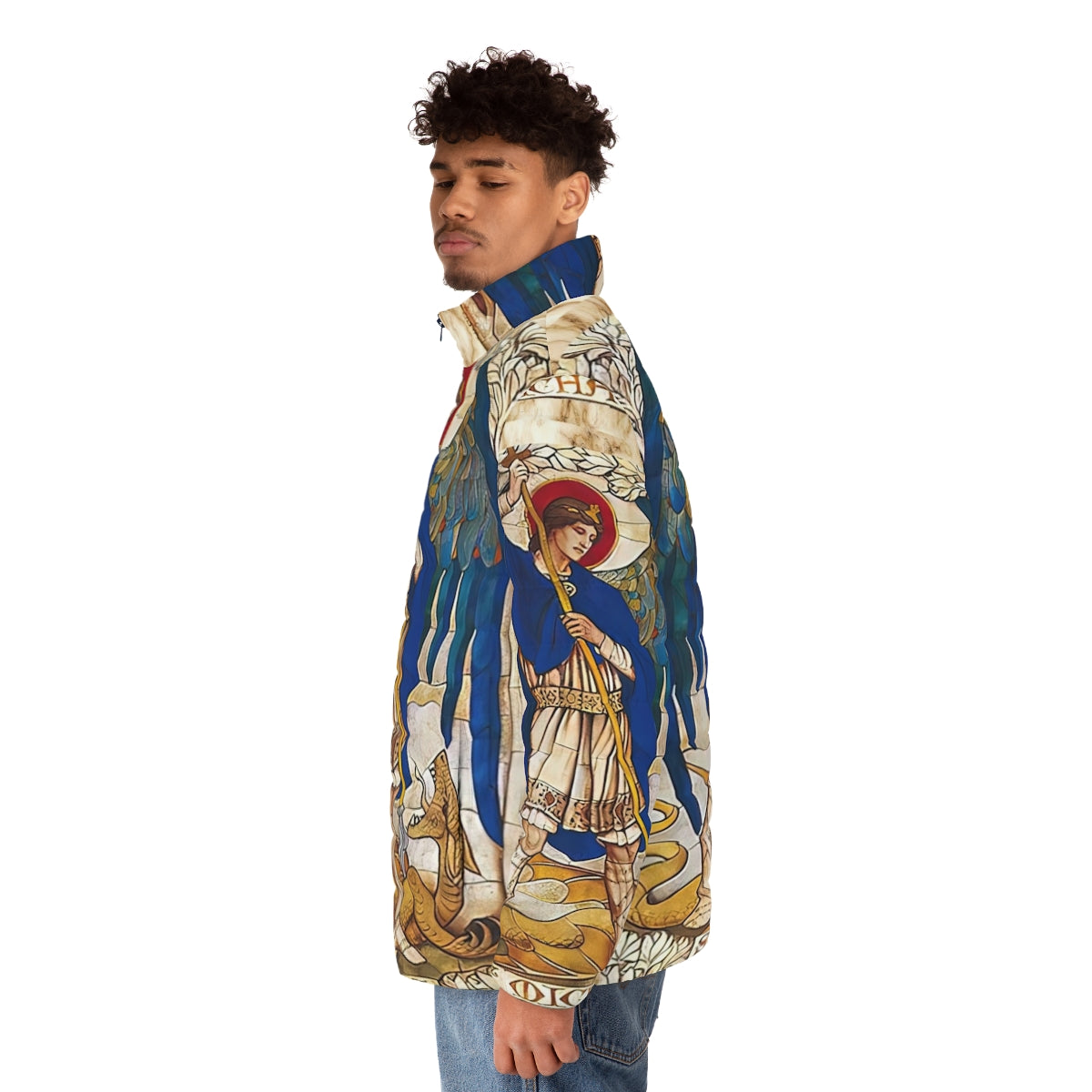 Puffer jacket featuring an image of Archangel Michael, the patron saint of protection against evil - men side left