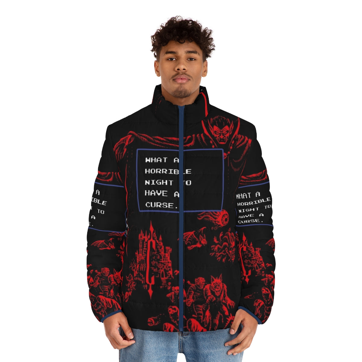 A puffer jacket with a gothic, Castlevania-inspired design featuring Dracula and other iconic horror elements. - men front