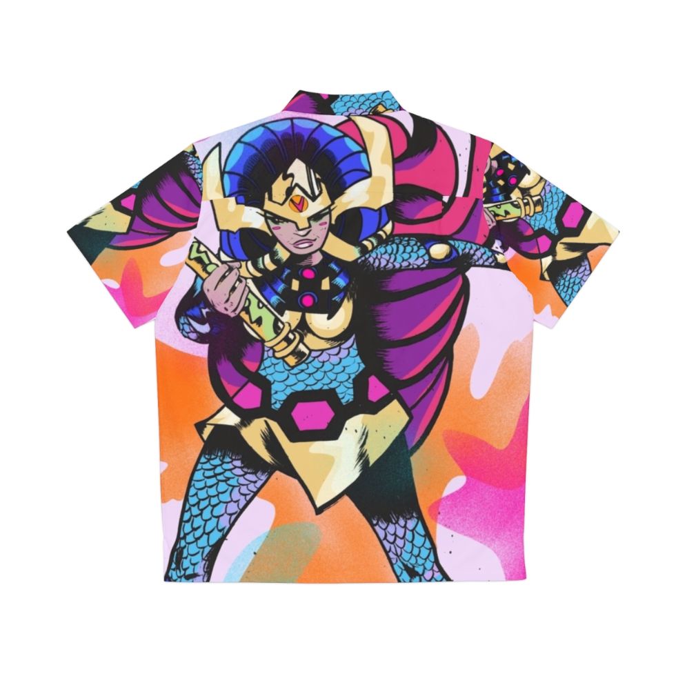 Big Barda female superhero wearing a vibrant Hawaiian shirt - Back