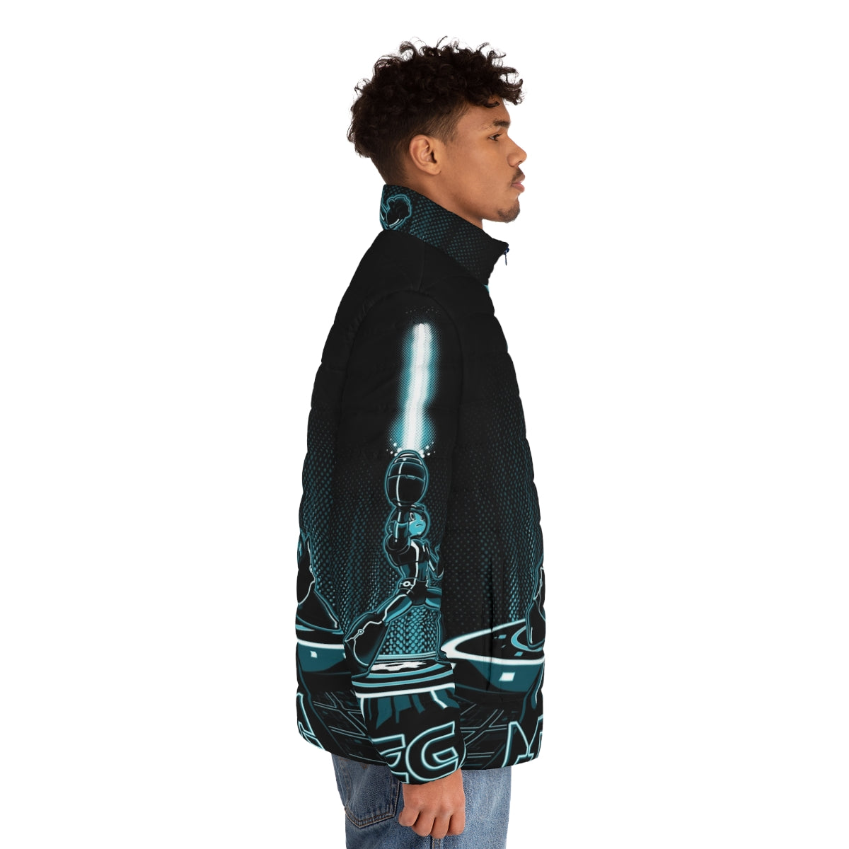 Mega 80s puffer jacket with video game and movie inspired design - men side right