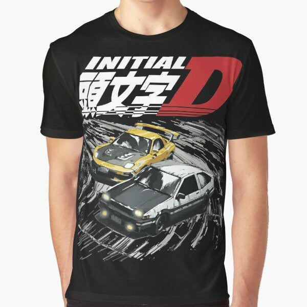 Graphic t-shirt featuring Initial D anime characters and cars including the Toyota AE86 and Mazda FD RX-7 in a drift racing scene.