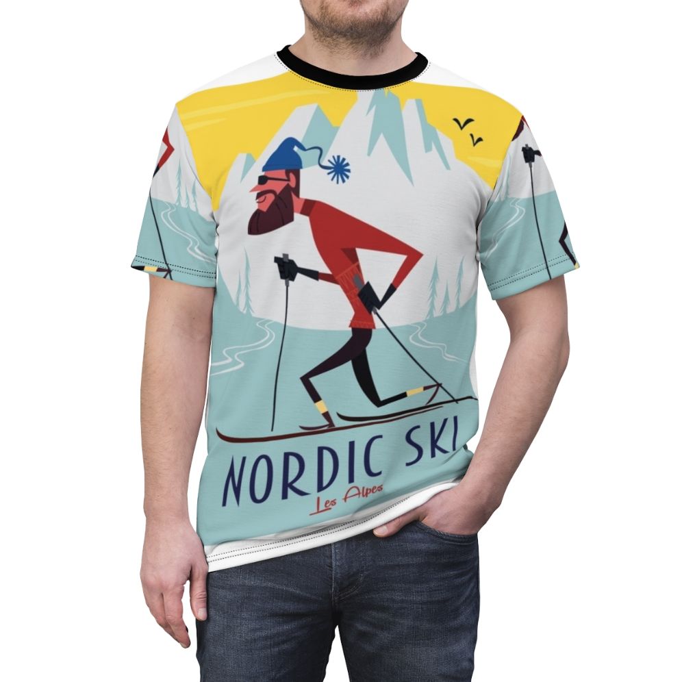 Retro Nordic Ski Poster Inspired T-Shirt featuring a vintage ski and mountain design - men front