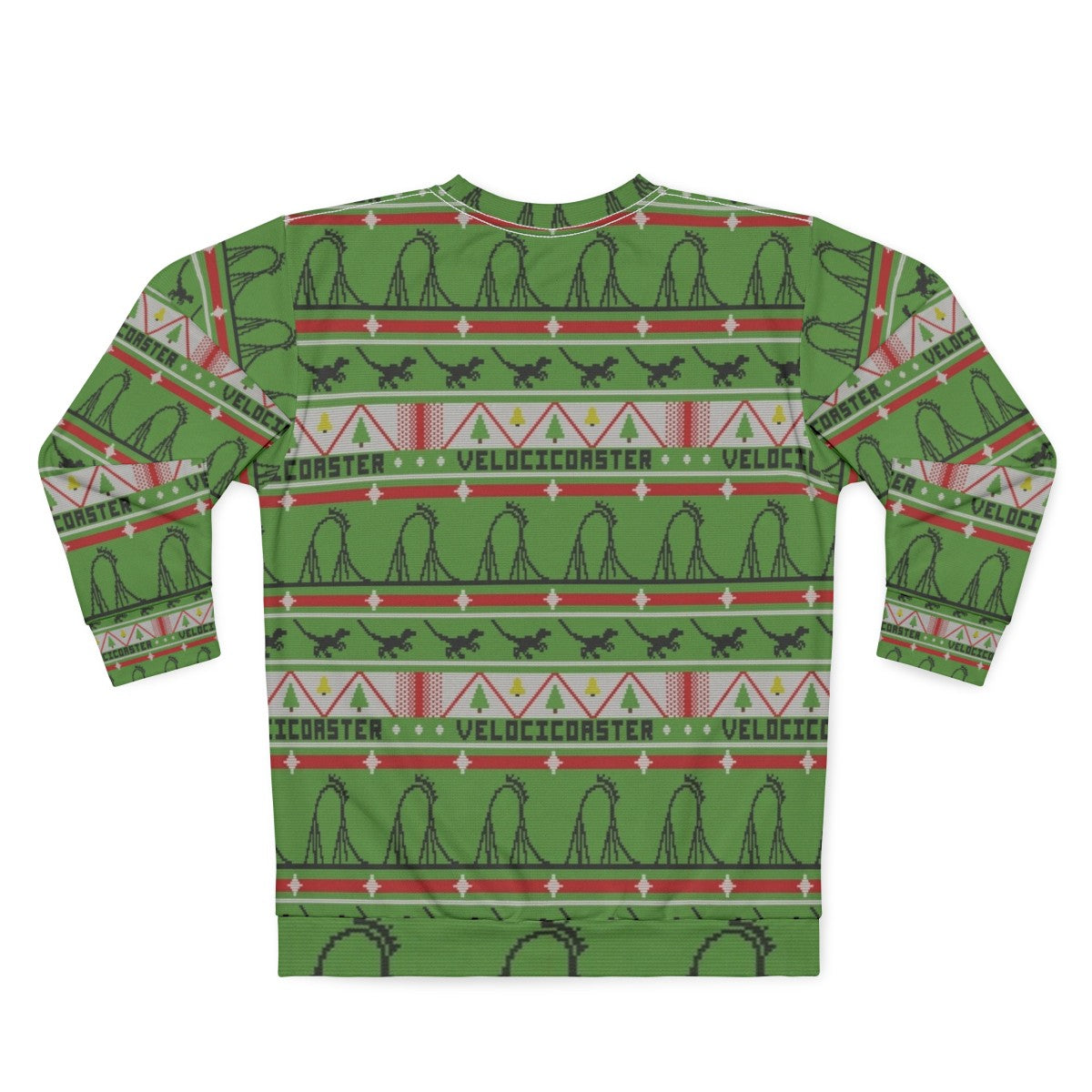 Velocicoaster Ugly Christmas Sweater Sweatshirt with Dinosaur and Roller Coaster Theme - Back