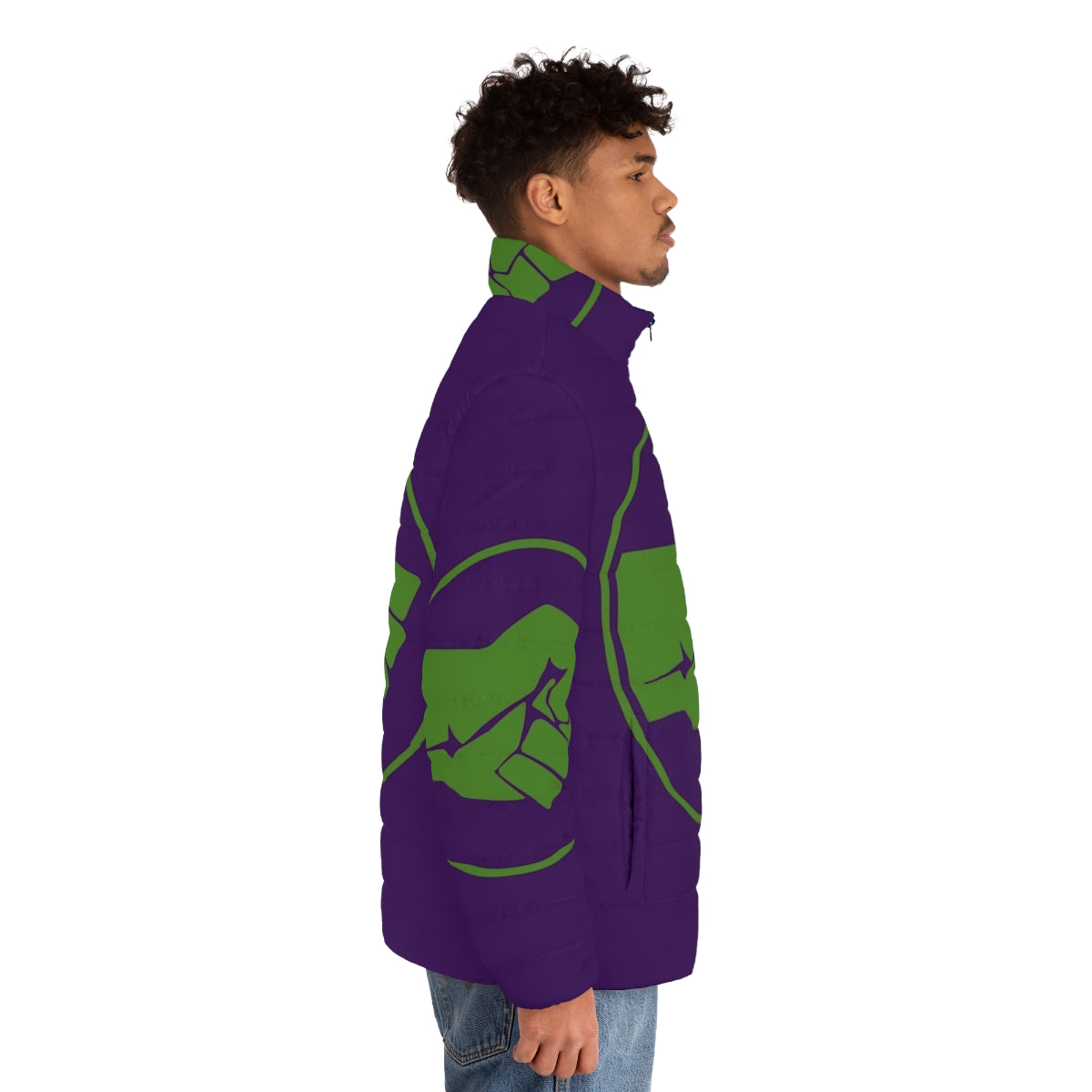 Green puffer jacket featuring the iconic Incredible Hulk smash fist logo - men side right