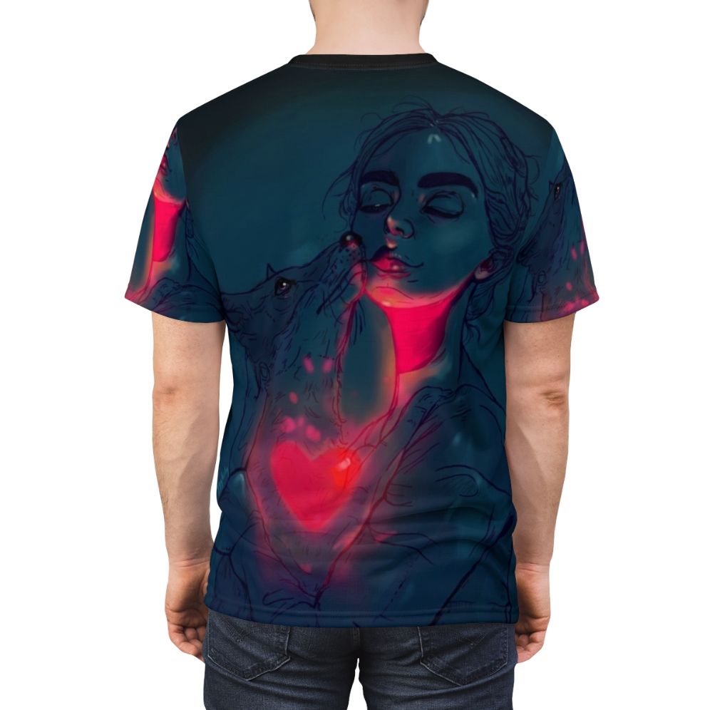 Glowing digital art portrait of a colorful animal on an AOP t-shirt - men back