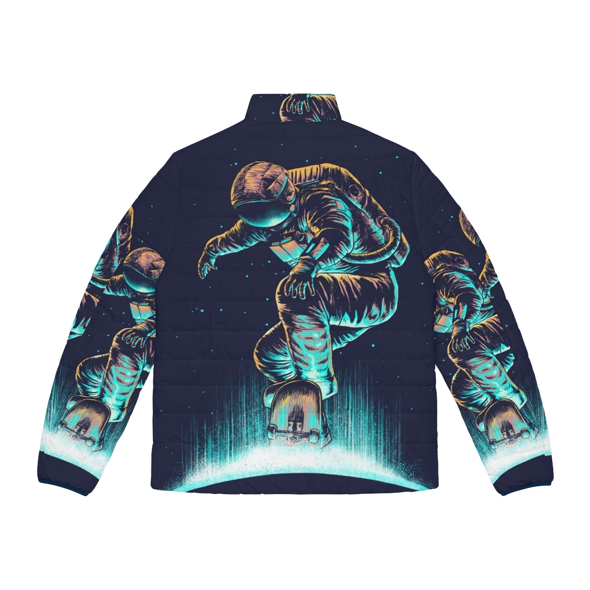 Cosmic Grind Space Puffer Jacket featuring a surreal, neon-lit space-inspired design - Back