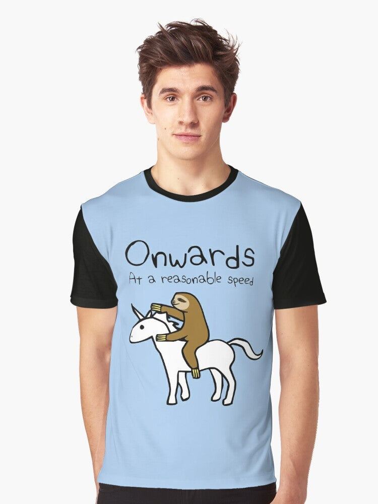 Illustration of a sloth riding a unicorn with the text "Onwards! At A Reasonable Speed" - Men