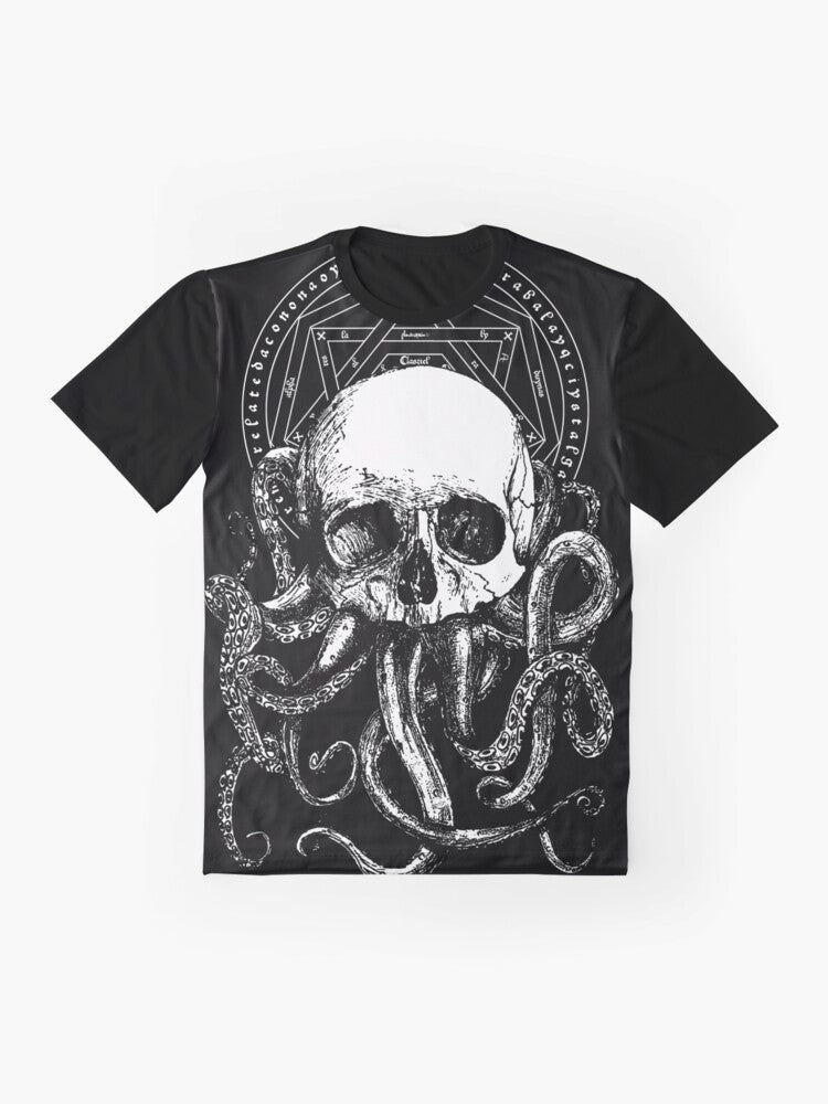 Cthulhu occult gothic dark graphic design t-shirt - Flat lay