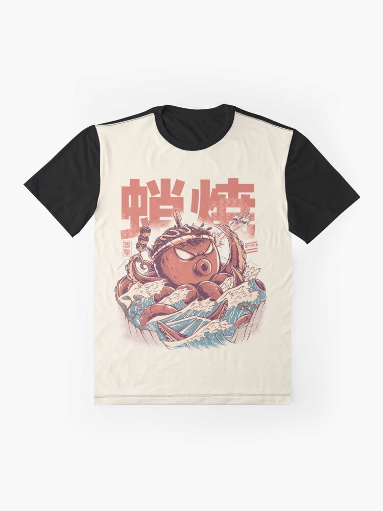 Takoyaki Graphic T-Shirt featuring a retro, vintage-inspired design with a kaiju-like creature and Japanese kanji - Flat lay