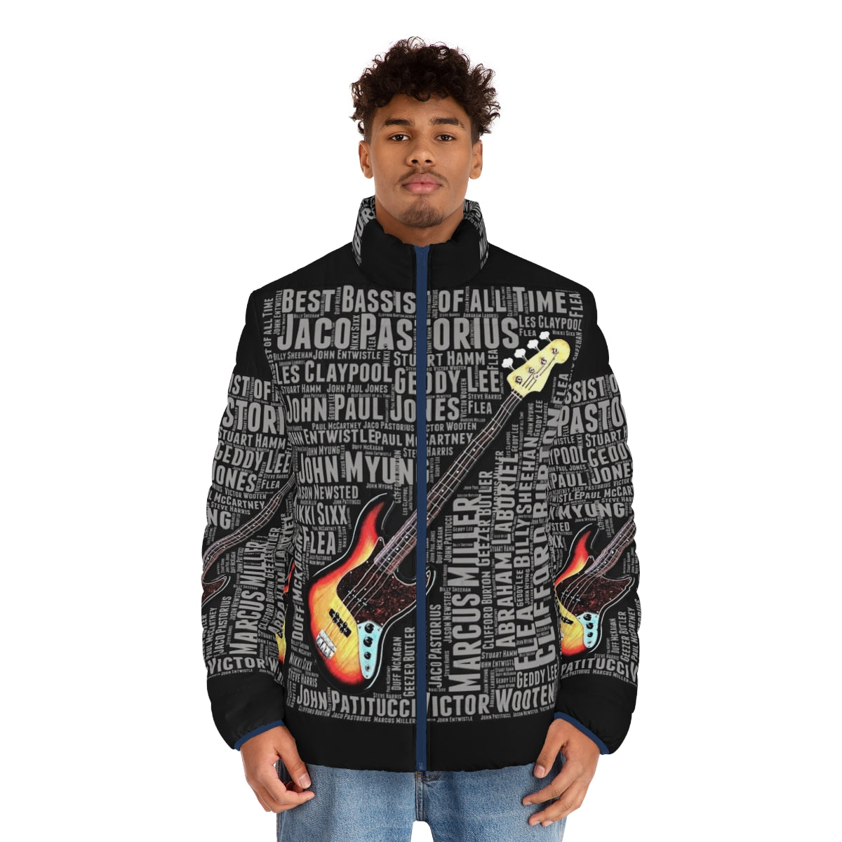 Puffer jacket featuring "Best Bassist of All Time" design, ideal for bass guitar players and music lovers - men front