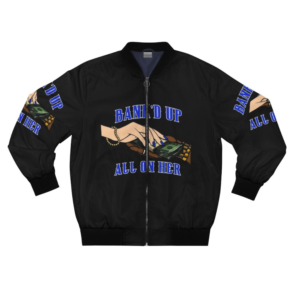 A blue and black bomber jacket with streetwear-inspired design