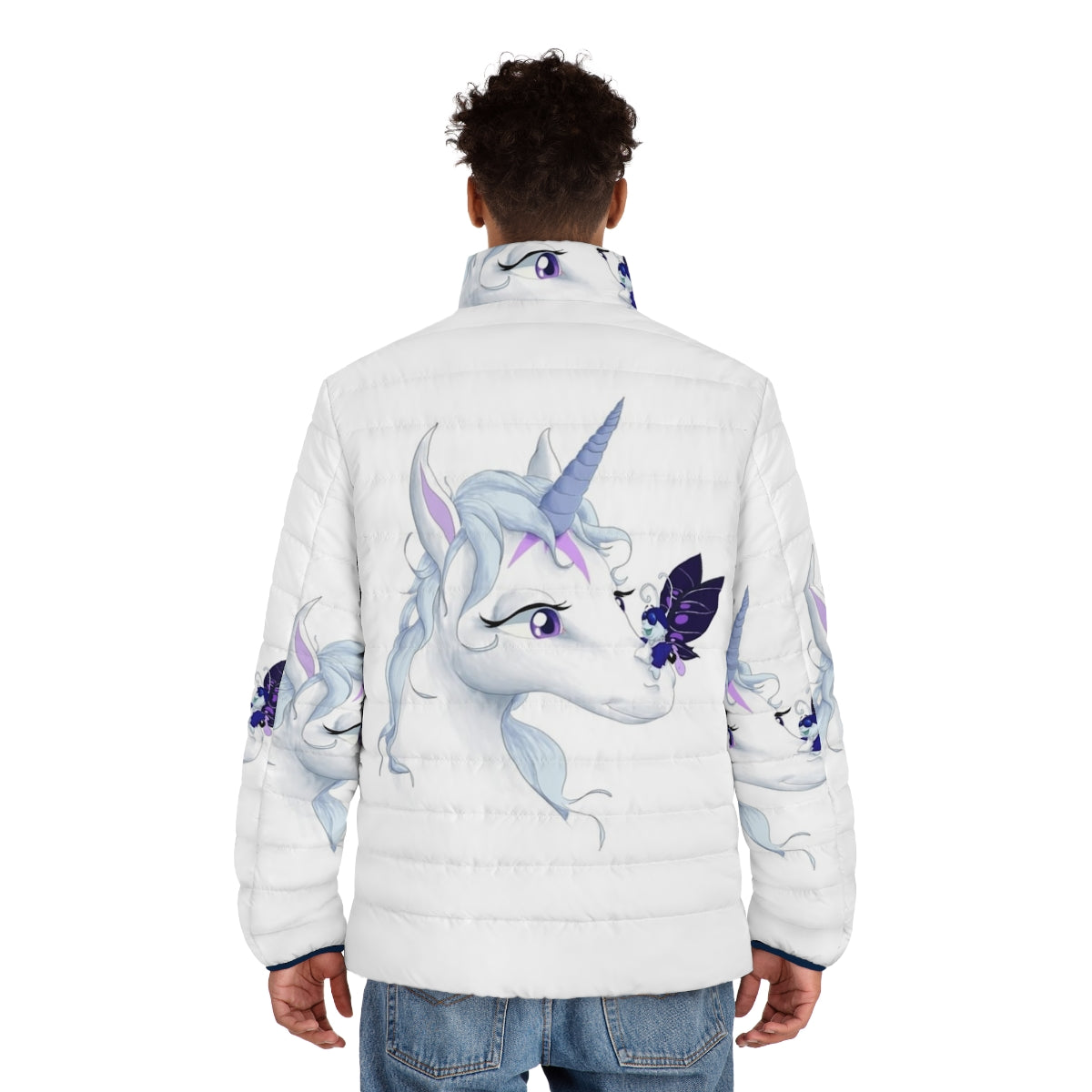 A puffer jacket featuring an illustration of the iconic The Last Unicorn character - men back