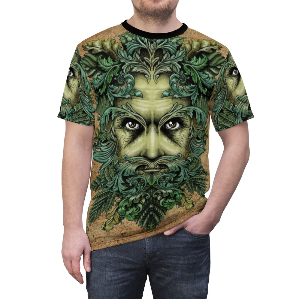 Artistic t-shirt featuring a green man design with ornate, fantasy-inspired scrollwork and leaves - men front