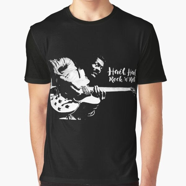 Rock and roll graphic t-shirt featuring the legendary Chuck Berry and his guitar