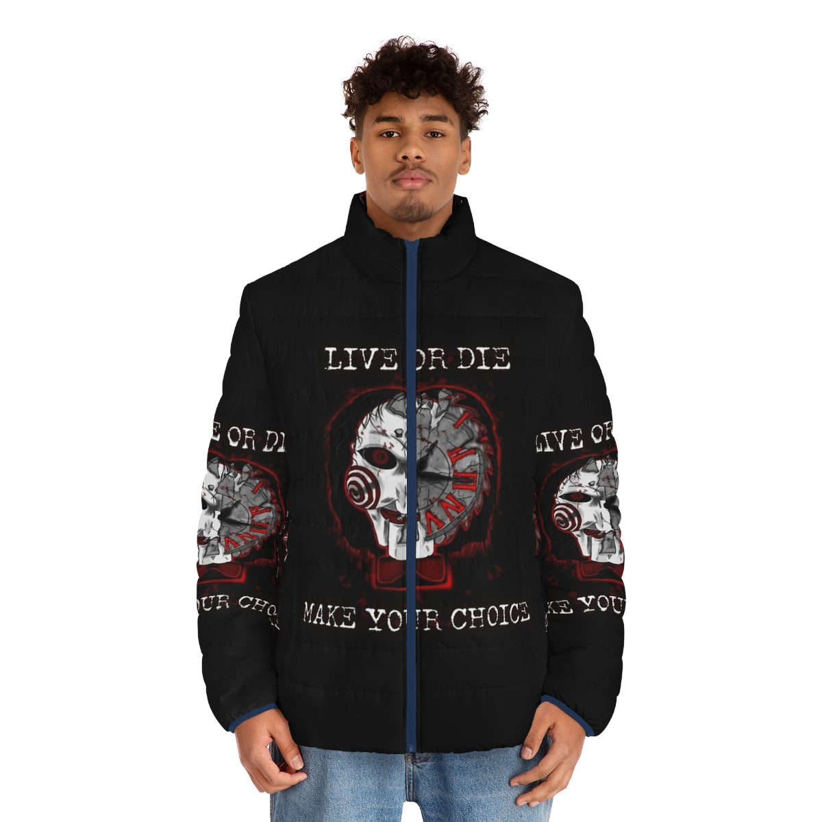 Jigsaw Saw horror fan art puffer jacket - men front