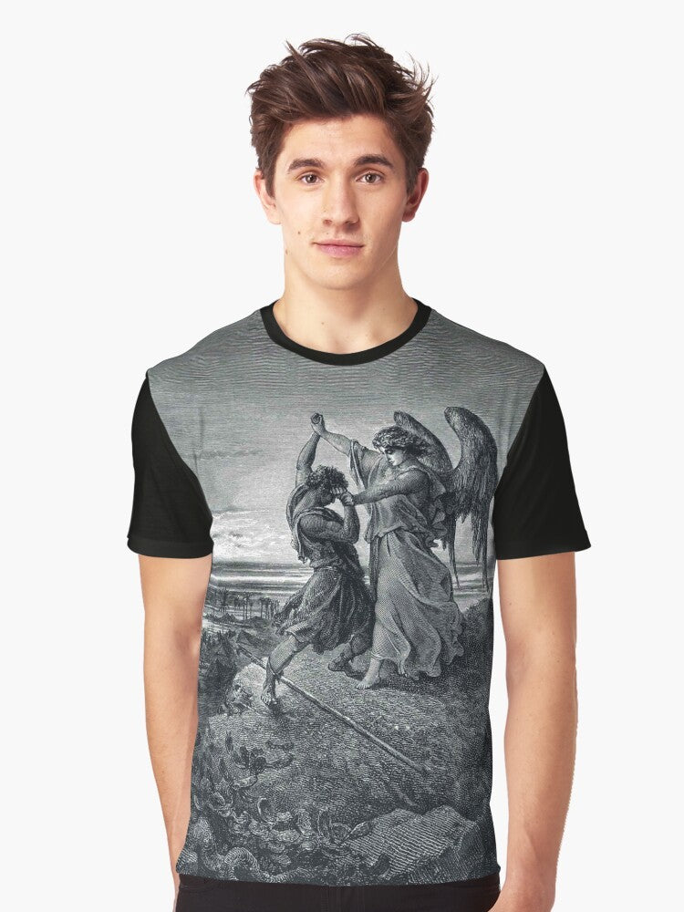 Vintage biblical artwork of Jacob wrestling with the angel, designed by Gustave Dore, printed on a graphic t-shirt. - Men