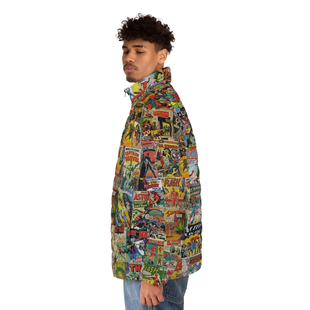 Vintage comic book pattern puffer jacket with colorful superhero graphics - men side left