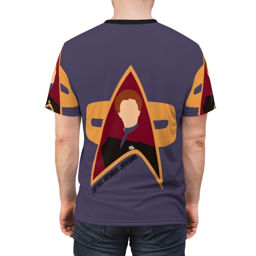 Captain Janeway inspired Star Trek Voyager themed t-shirt with captain insignia and delta quadrant design - men back