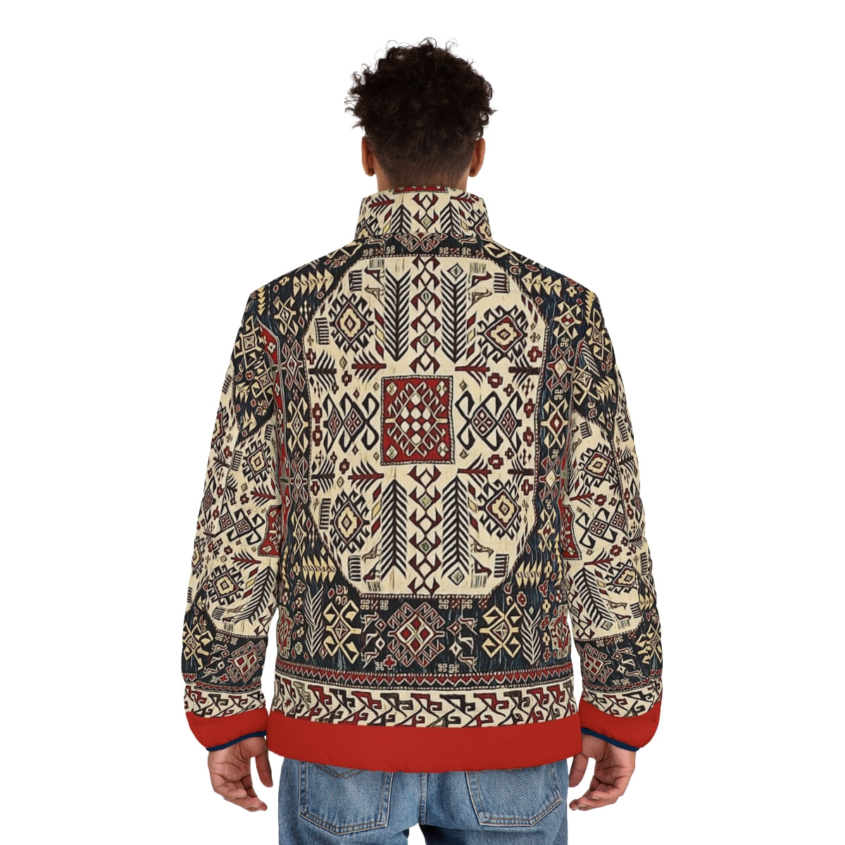 Armenian Folk Art 8 Puffer Jacket featuring traditional Armenian floral design and forget me not flowers - men back