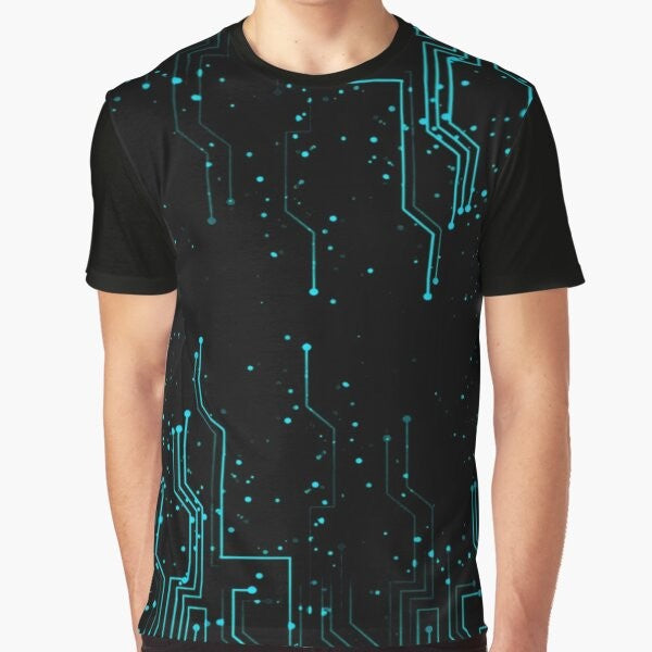 A t-shirt featuring a graphic design of an electronic circuit board, representing engineering and technology.