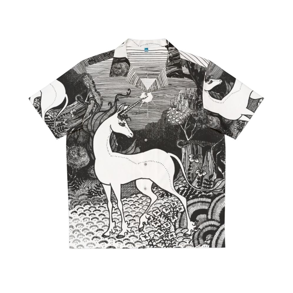 Enchanting 'The Last Unicorn' fantasy Hawaiian shirt with whimsical forest and unicorn design