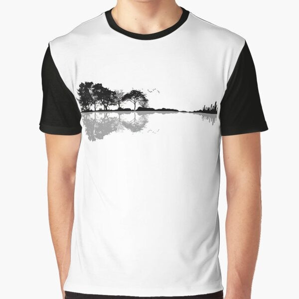 Minimalist nature guitar t-shirt design with silhouette trees, mountains, and birds in black and white