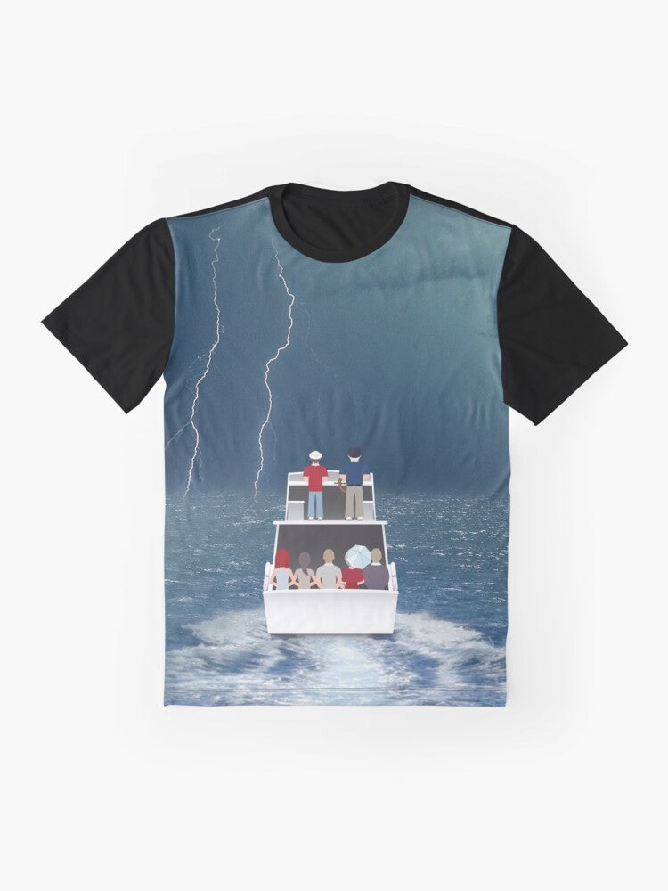 Graphic t-shirt featuring the iconic Gilligan's Island crew and their shipwrecked cruise on the SS Minnow - Flat lay