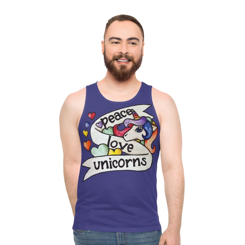 Unisex peace love unicorns tank top with retro rainbow design - men