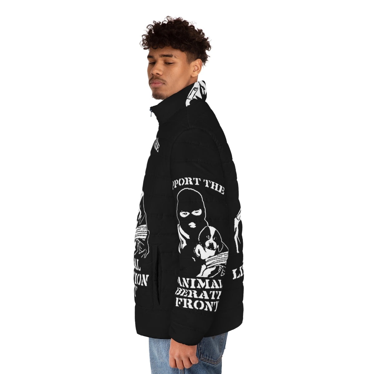 A stylish puffer jacket with the Animal Liberation Front logo, promoting animal rights and ethical fashion. - men side left