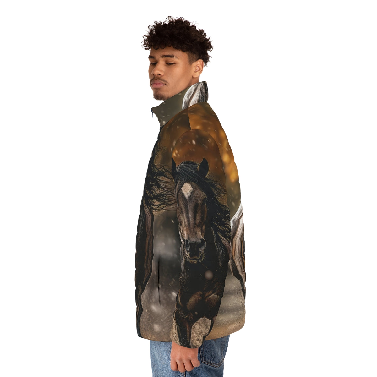 Puffer jacket featuring a bay horse trotting in the rain on an autumn day - men side left