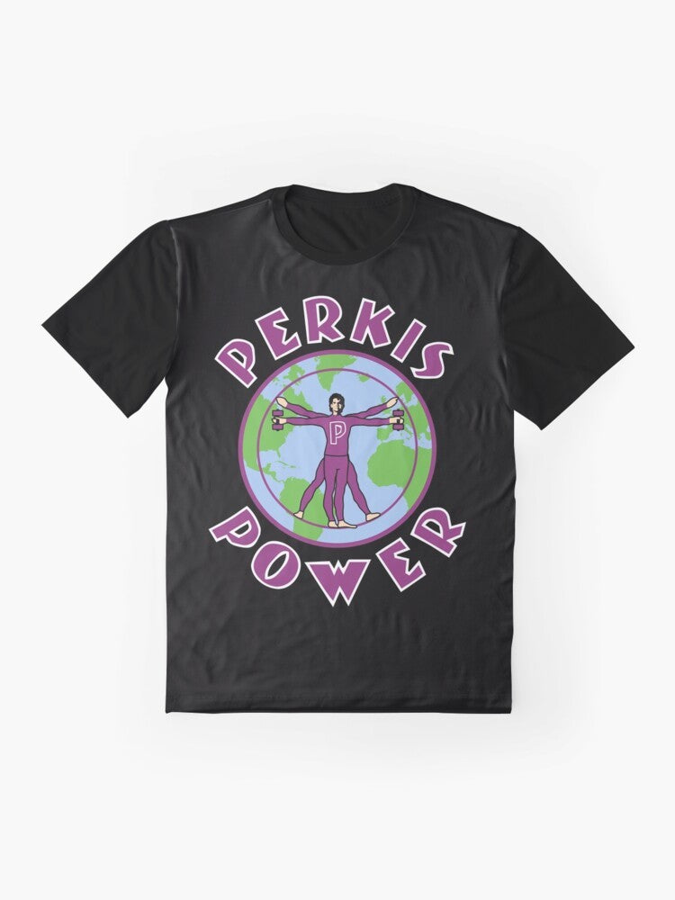 "Perkis Power Graphic T-Shirt featuring the iconic 90s movie character Tony Perkis from Heavyweights" - Flat lay