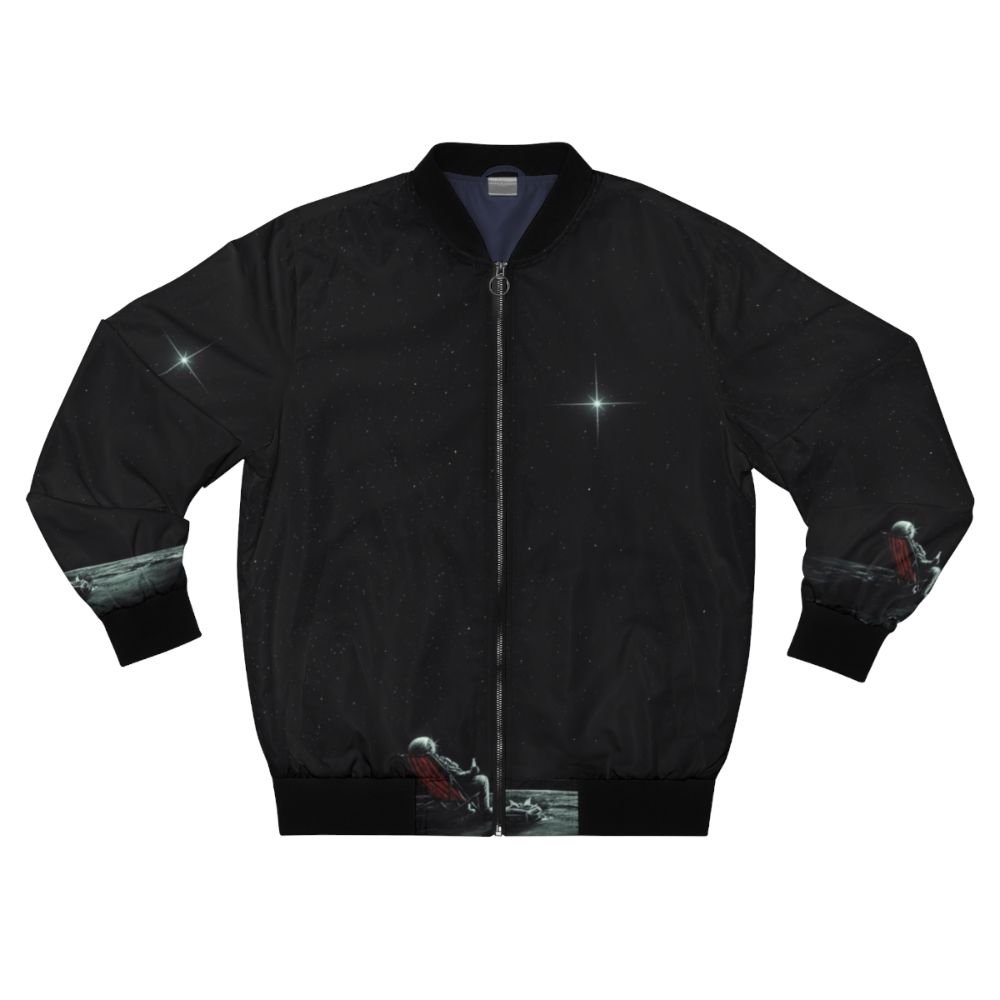 Stylish bomber jacket with a space-themed abstract design featuring stars, planets, and cosmic elements.