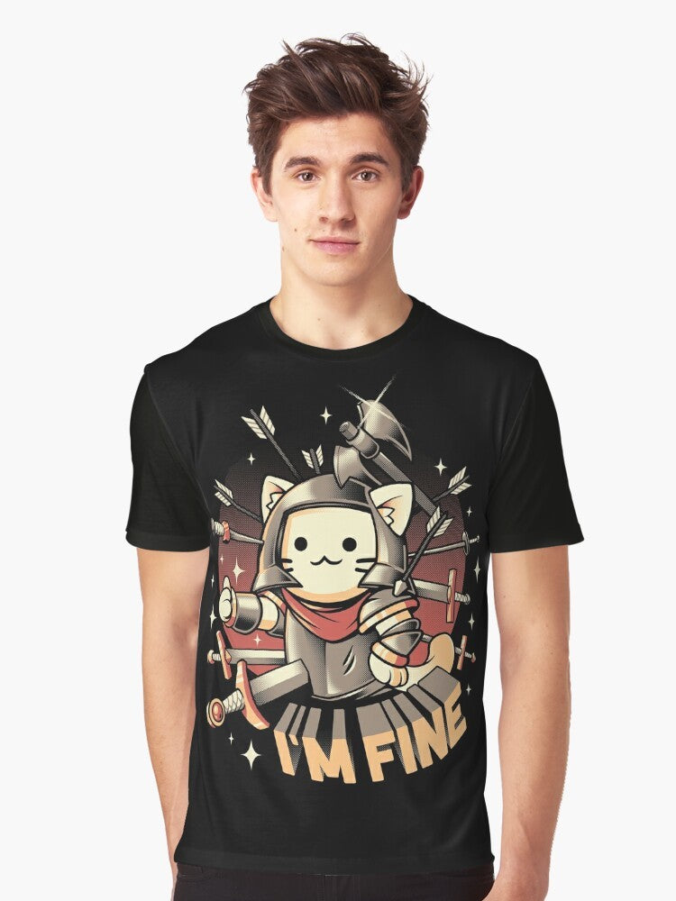 Graphic "I'm Fine" cat t-shirt with a medieval knight cat wielding a sword - Men