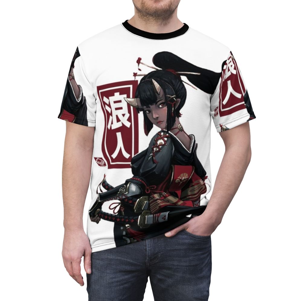 Japanese-inspired cyberpunk aesthetic t-shirt featuring ninja, samurai, and geisha elements - men front