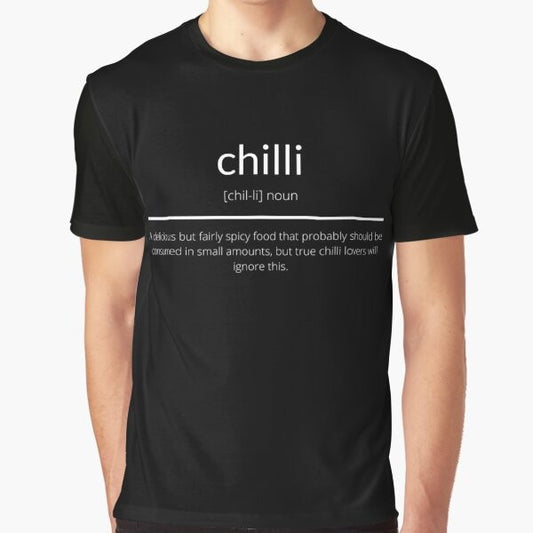 A graphic t-shirt featuring the definition of the word "chili", a popular hot and spicy vegetable.