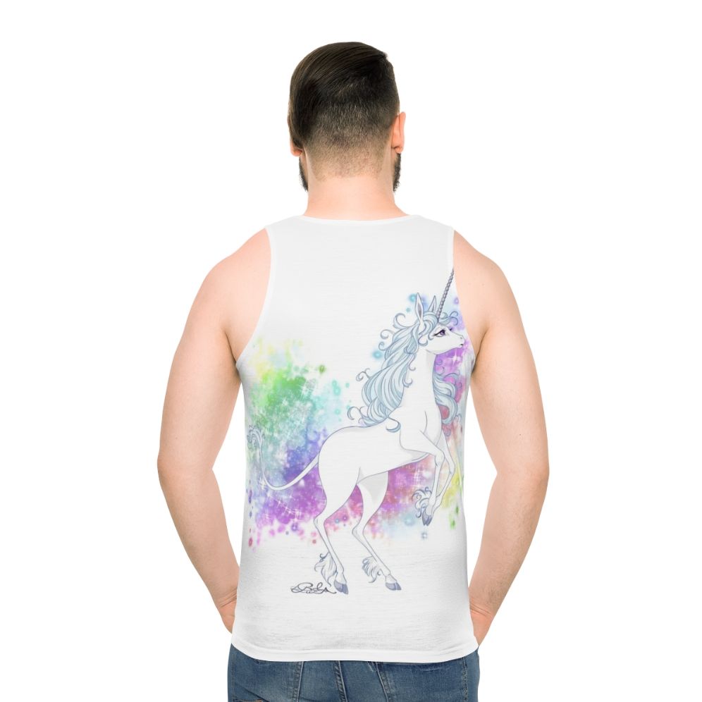 Transforming unicorn graphic on a unisex tank top - men back